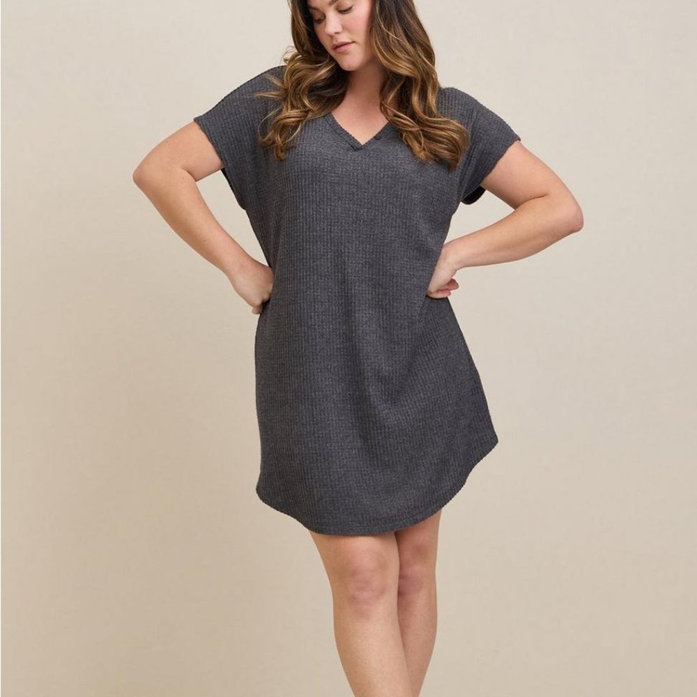 Torrid Nightgown 0X 1X 4X Sleep Lounge Gown Grey Plush Waffle Knit Henley V-Neck